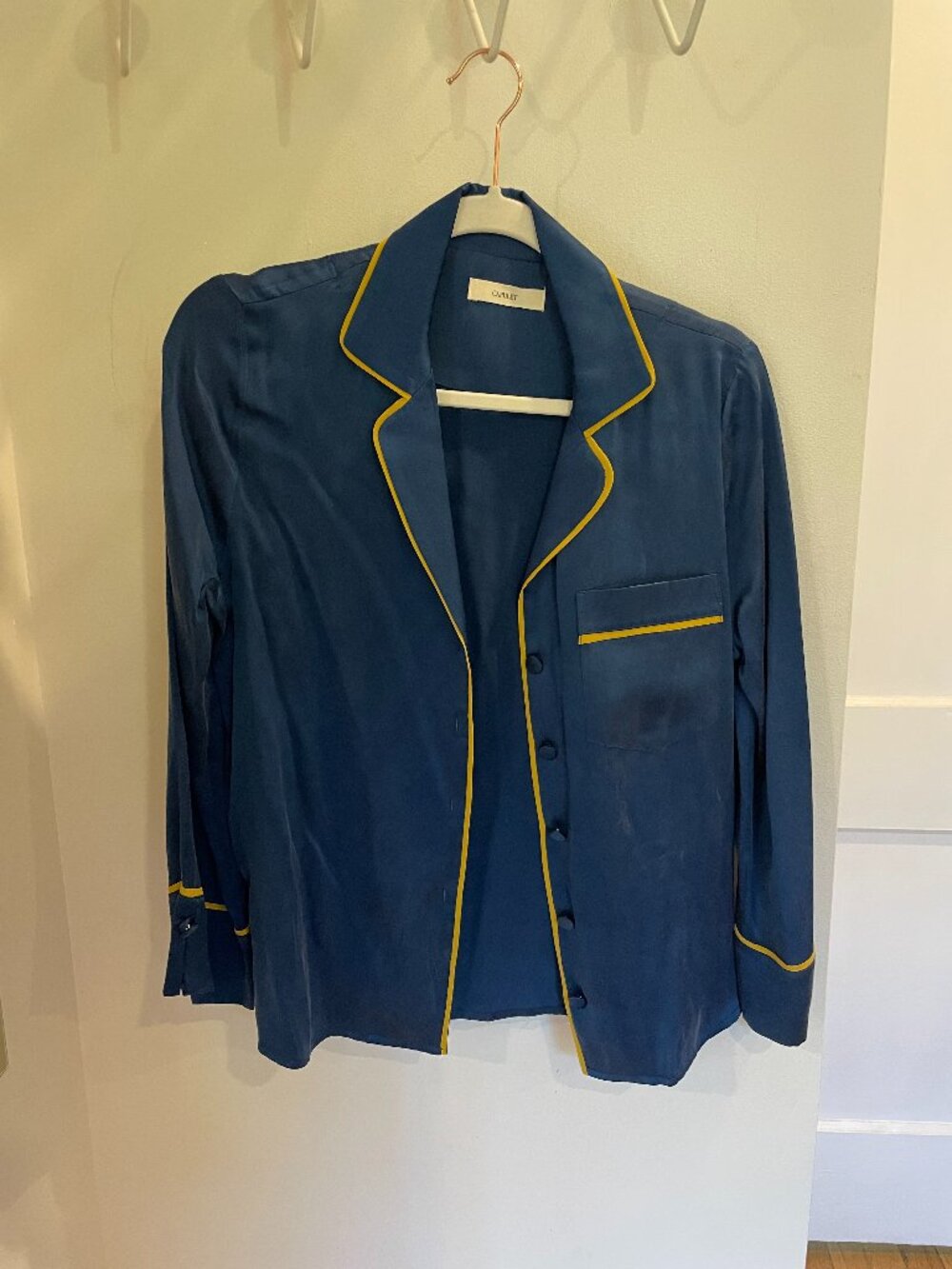 Capulet Blue Silk Button Down Shirt with Yellow Piping